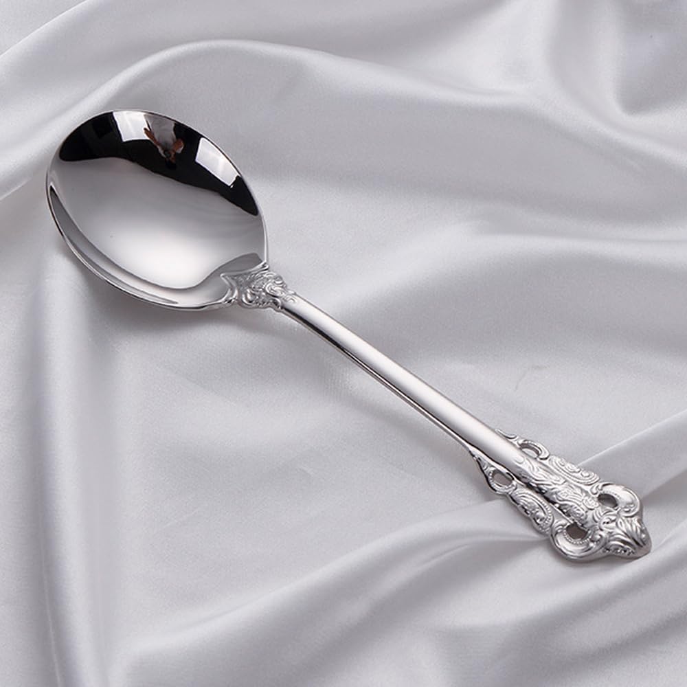 Gorgeous Large Round Soup Spoons 18/10 Stainless Steel Fine Embossed Texture Soup Spoons Set Table Spoon Silverware Bouillon Spoons Silver (4 pack)