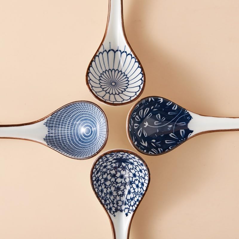 Asian Soup Spoon Ceramic Ramen Spoons Japanese Style for Pho  Miso soup  Dumpling  Noodles  Chinese Wonton Dishwasher safe - Set of 4 - Blue