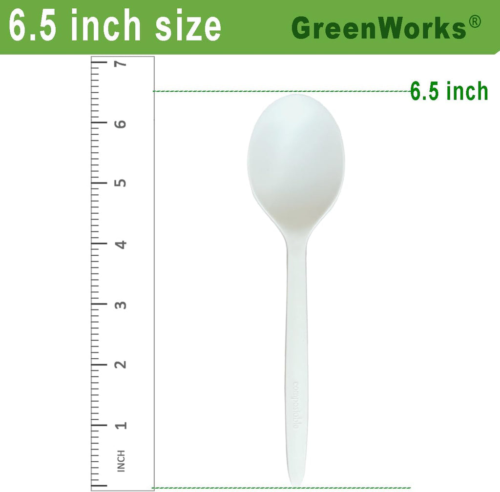 GreenWorks 100 Count 6.5" Large Compostable Soup Spoons BPI Certified Heavy Duty Disposable Cutlery Soup Spoons