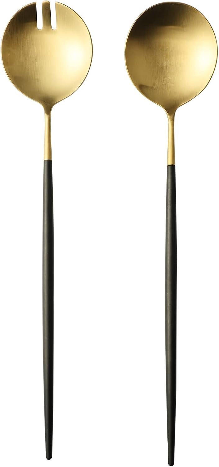 Salad Servers Spoon and Fork Set 11.41 inch 18/10 Stainless Steel Salad Serving Titanium Plating (black gold)