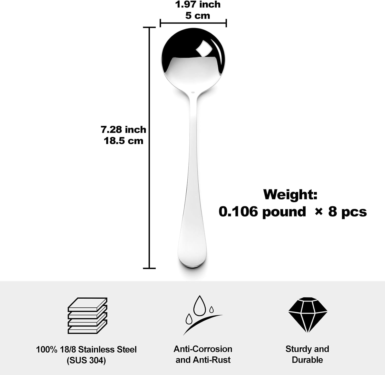Premium 7.28" Soup Spoons Stainless Steel Round Spoons Set  18/8 stainless steel (SUS304)  Perfect for Soup  Ice Cream  Cereal  Gumbo  Chowder  Set of 8  Dishwasher Safe
