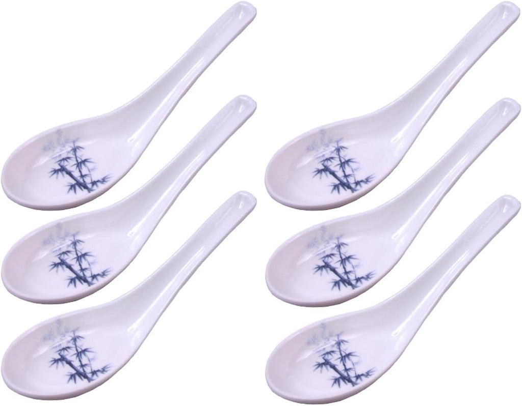 Happy Sales Melamine Soba  Rice Spoons  Asian Chinese Won Ton Soup Spoon  6 Pack Blue Bamboo Design