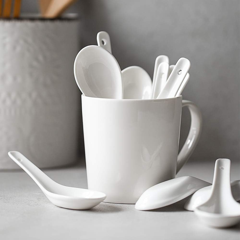 DOWAN Soup Spoons  Ceramic Asian Soup Spoons  White Japanese Spoon Large for Ramen Pho Wonton Dumpling Miso  Deep Oval Hook Design  Set of 12 (12  Soft White)