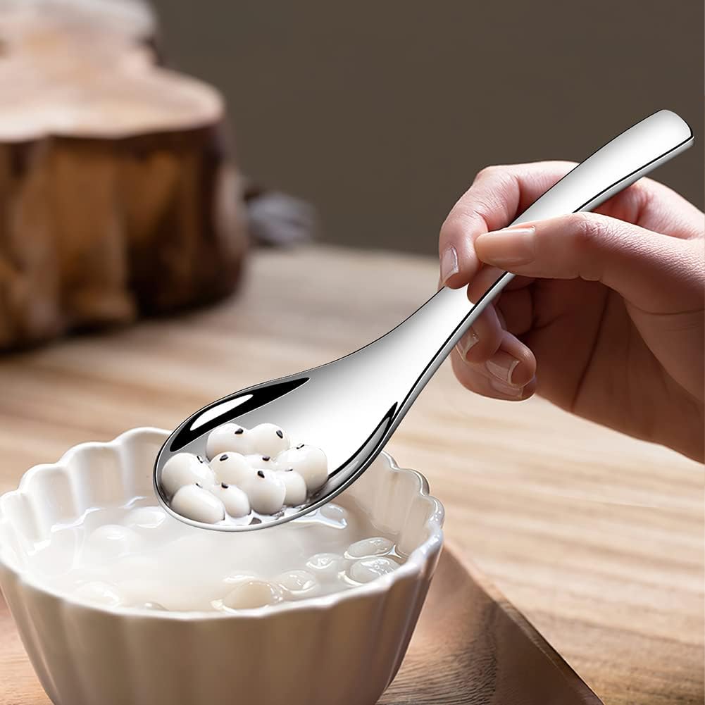 Stainless Steel Soup Spoons - 6 Inch Heavy Duty Asian Soup Spoon for Ramen  Rice  Tea  and Milk  Set of 4 Short Handle Ramen Spoons  Dishwasher Safe  Silver Chinese Table Spoon