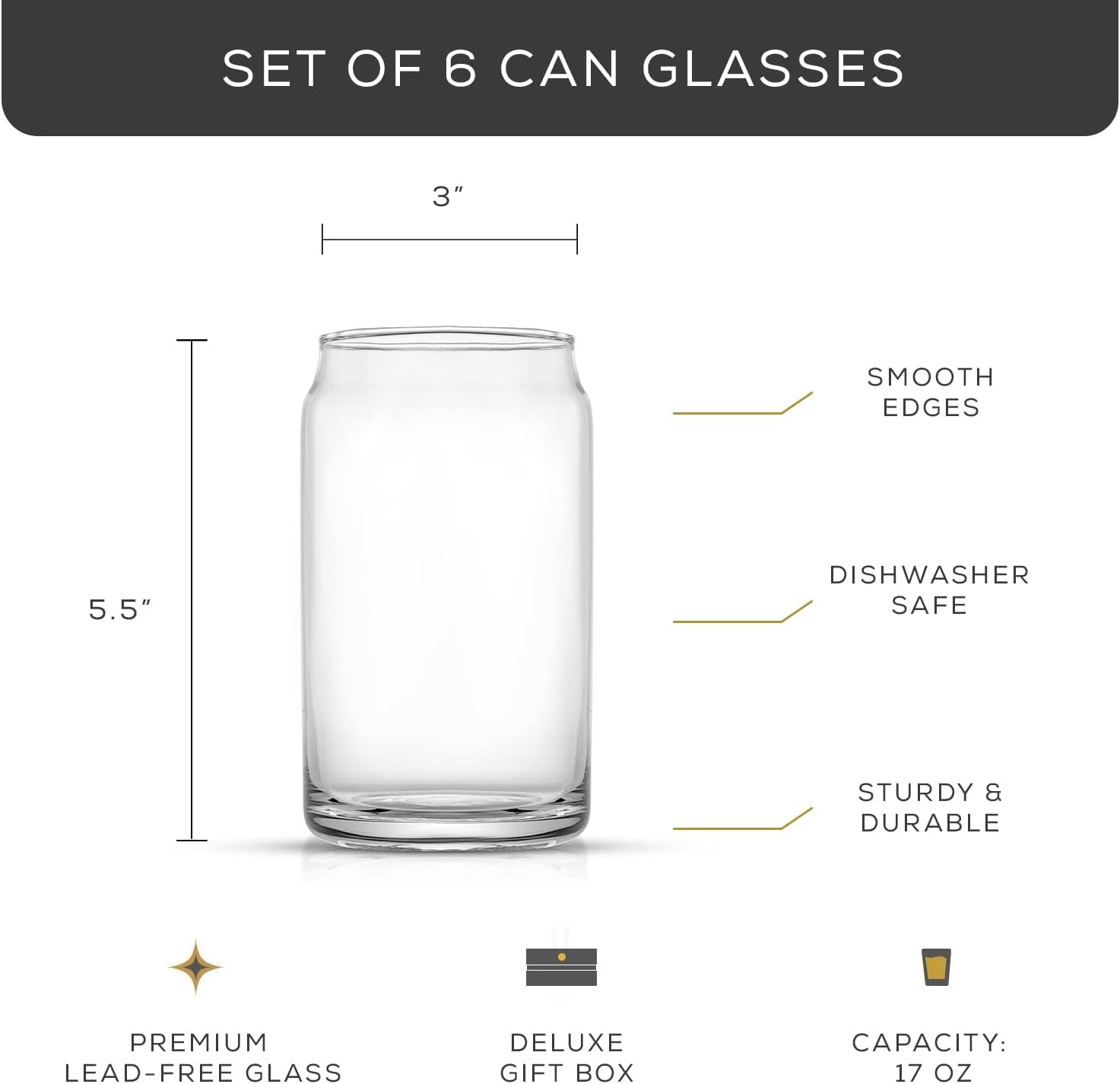 JoyJolt Drinking Glass Cups Set of 6-16oz Beer Can Glasses. Clear Soda Can Shaped Glass Cups  Cute Iced Coffee Cup Tumblers  Cold Drink Glassware  Unique Water  Tea  Cocktail Glass Set