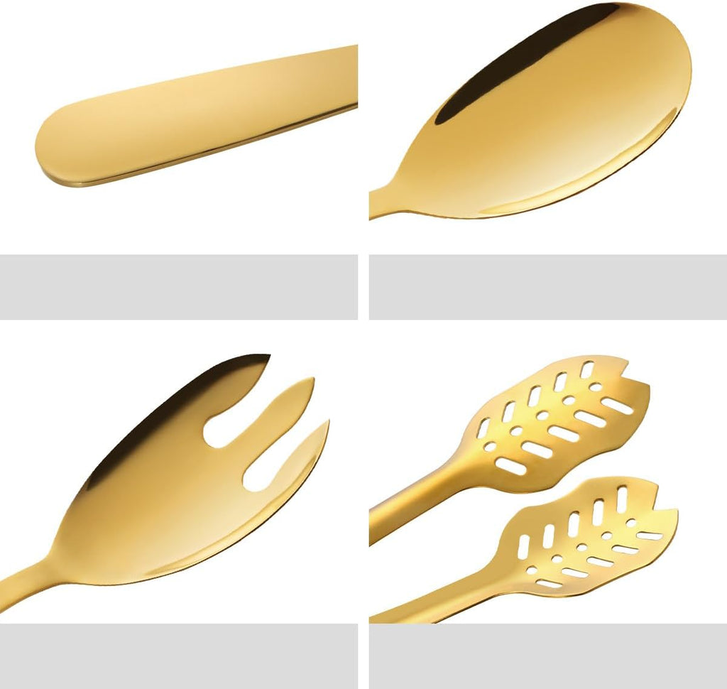 Salad Spoon and Fork Stainless Steel Tong Serving Set  Heavy Duty Smooth Finish Metal Serving Utensils Large Salad Servers for Home Kitchen Party Buffet Supply (Gold)