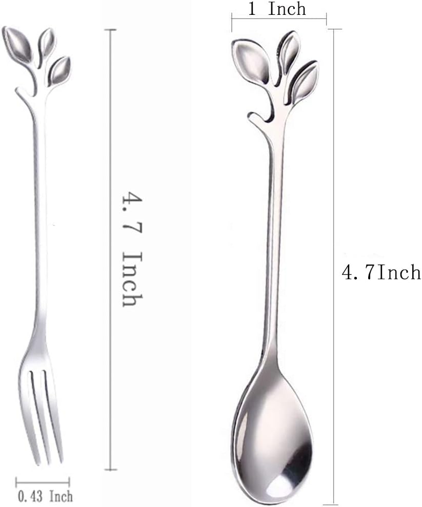 AnSaw 10-Pc Silver Mini Spoons & Forks Set  4.7" - Stainless Steel  Leaf Handle  Ideal for Coffee Tea  Appetizers  Tastings  Parties  Charcuterie & Cocktails
