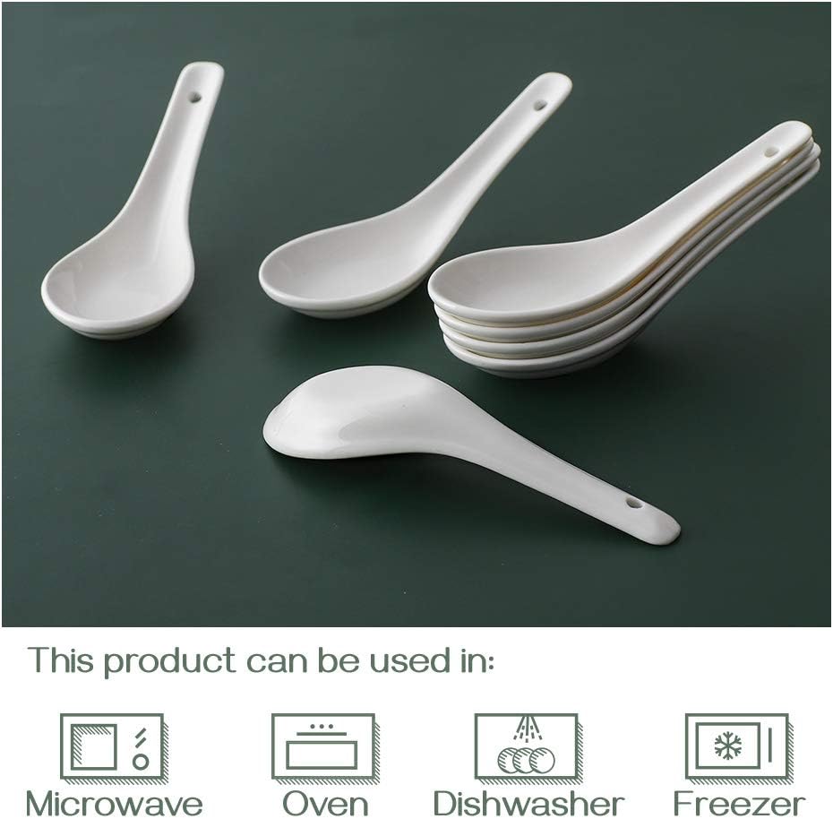 DOWAN Soup Spoons  Ceramic Asian Soup Spoons  White Japanese Spoon Large for Ramen Pho Wonton Dumpling Miso  Deep Oval Hook Design  Set of 12 (12  Soft White)