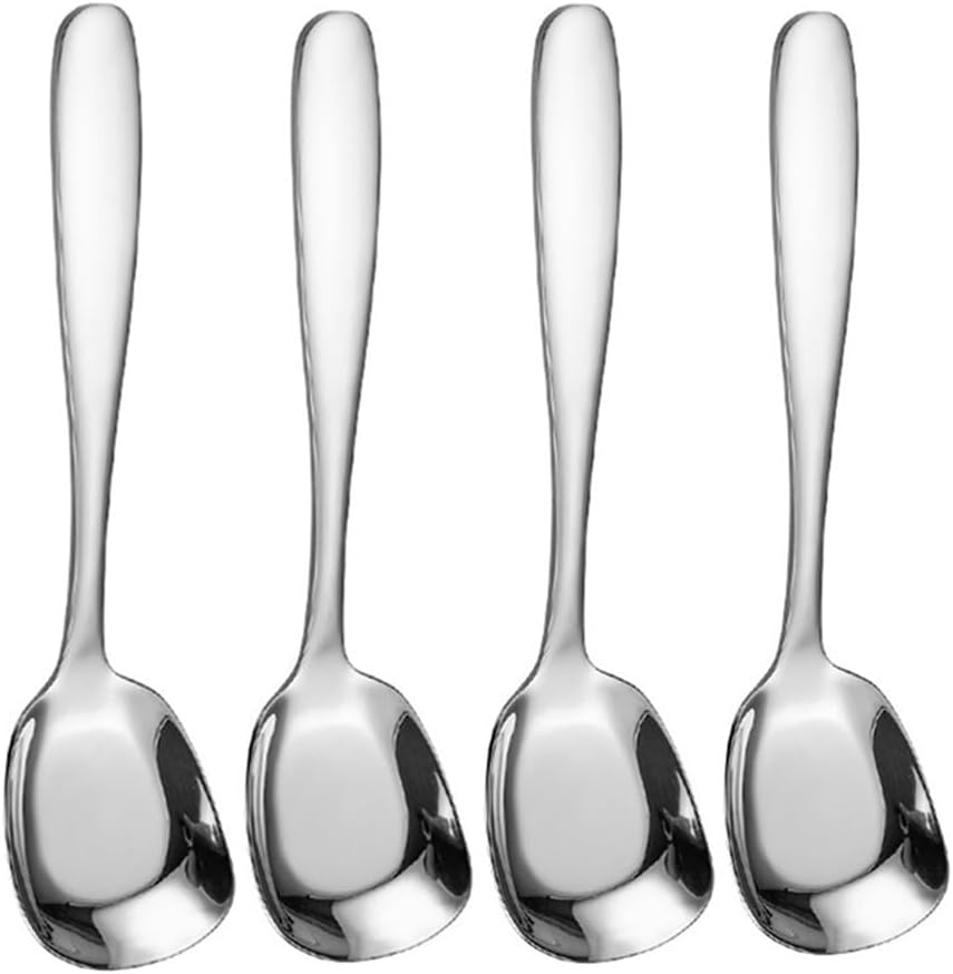 Square Head Stainless Steel Spoons 4PCS Korean style Thick Heavy Weight Soup Spoons Dessert Spoons 7.3 Inch (silver)