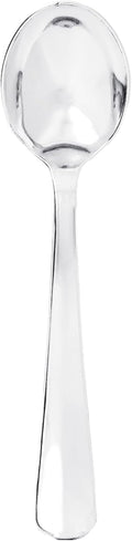 Party Essentials Disposable Plastic Cutlery/Heavy-Duty Flatware/Silverware for All Events  50-Count  Shiny Silver Soup Spoons