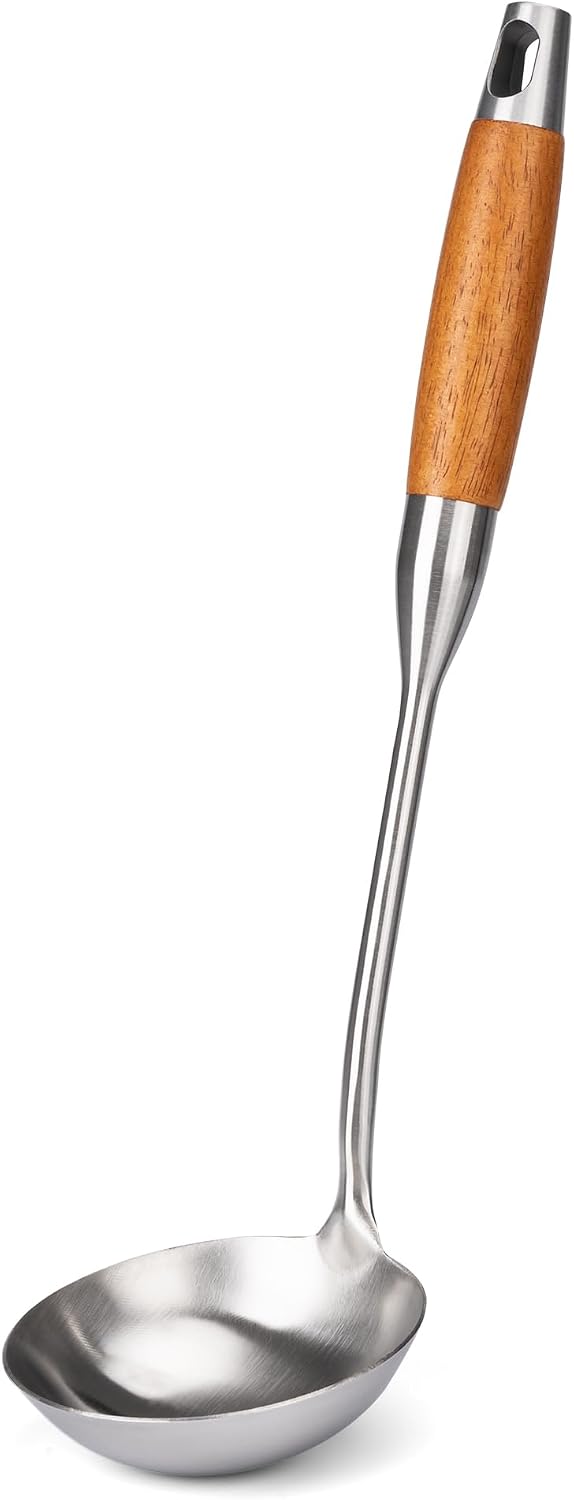 FJNATINH Soup Ladle  Stainless Steel Ladle with Heat Resistant Wooden Handle  Food Grade Metal Cooking Soup Spoon Kitchen Tools  Easy to Clean