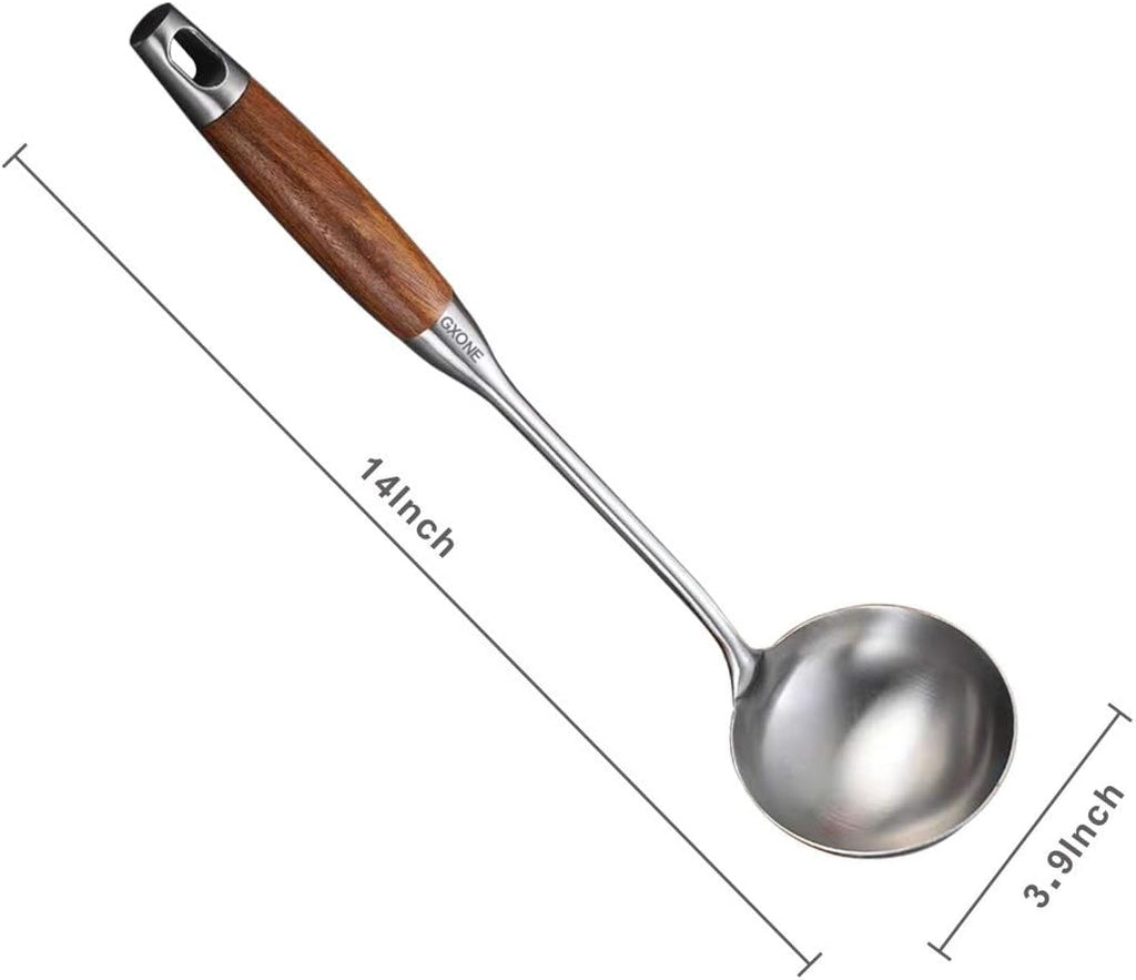 Soup Ladle 304 Stainless Steel Cooking Ladle Spoon Wok Tools with Long Wooden Handle Heat Resistant Silver/14.6Inch