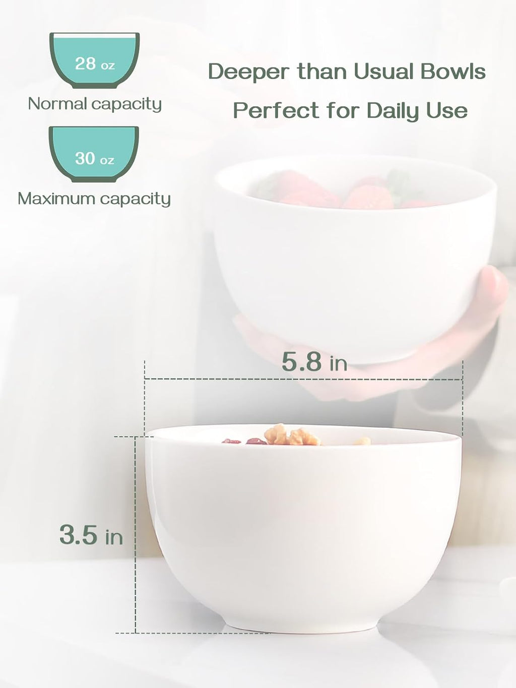 DOWAN 5.8" Deep Soup Bowls & Cereal Bowls - 30 Ounces Large Bowls Set of 4 for Kitchen - White Ceramic Bowls for Cereal  Soup  Oatmeal  Salad  Ramen  Noodle  Rice - Dishwasher & Oven Safe