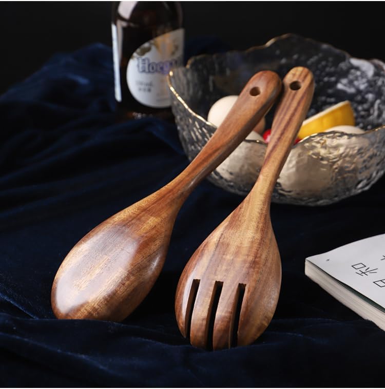 Wooden Salad Servers  10.2" Acacia Wood Salad Fork & Spoon for Serving  Olive Wood Salad Serving Utensils Set of 2  Teak Salad Tongs for Kitchen