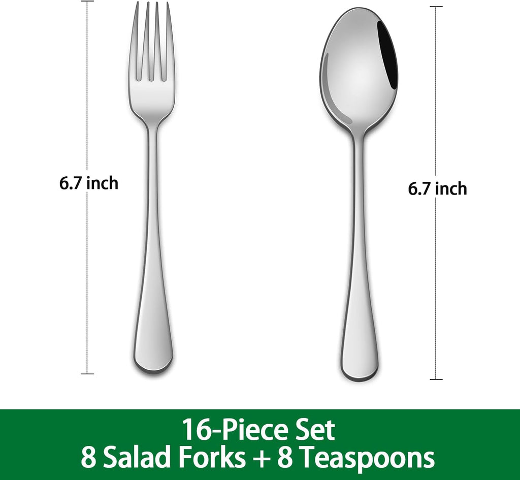 Salad Forks And Teaspoon 6.7 Inches Stainless Steel Dessert Spoons And Forks Set Of 16 Dishwasher Safe Silverware Fork And Spoon For Home Restaurant
