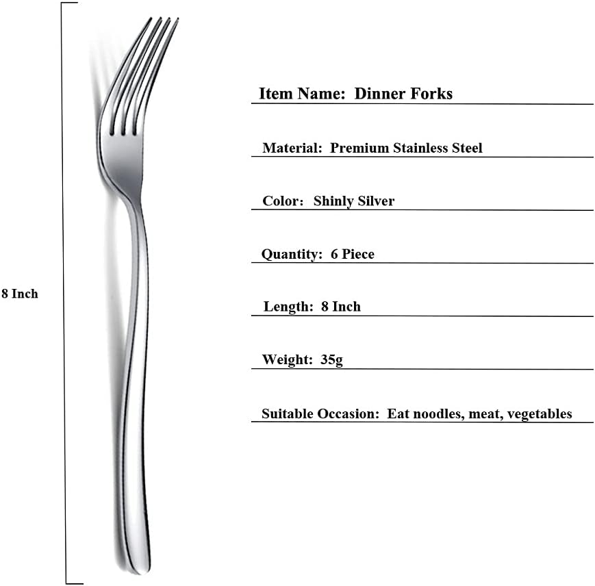 Stainless Steel Dinner Forks Set  6 Piece - Silverware for Home  Kitchen or Restaurant  Dishwasher Safe (Silver-8 Inch)