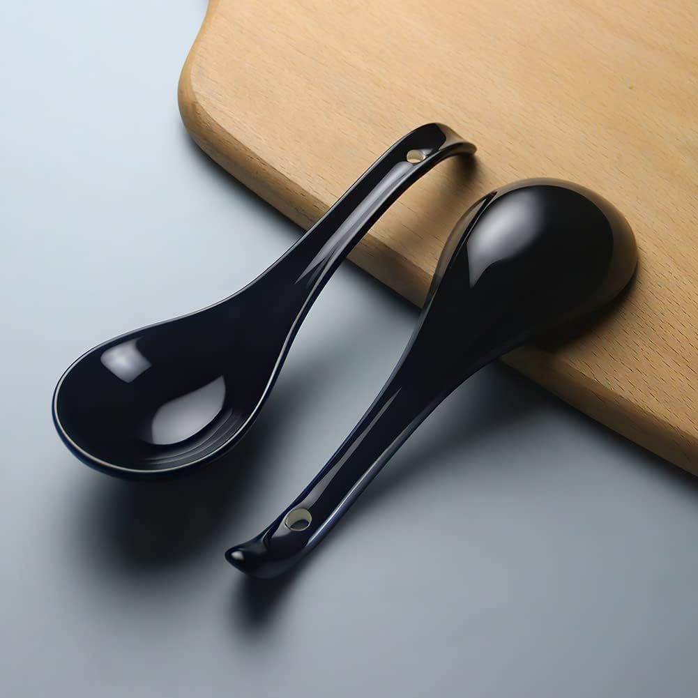 Asian Soup Spoons - YFWOOD 6.75 Inch Ceramic Ramen Spoon Black Chinese Soup Spoons With Deep Oval Hook Design Perfect for Pho Wonton Dumpling And Miso Soups Set Of 6