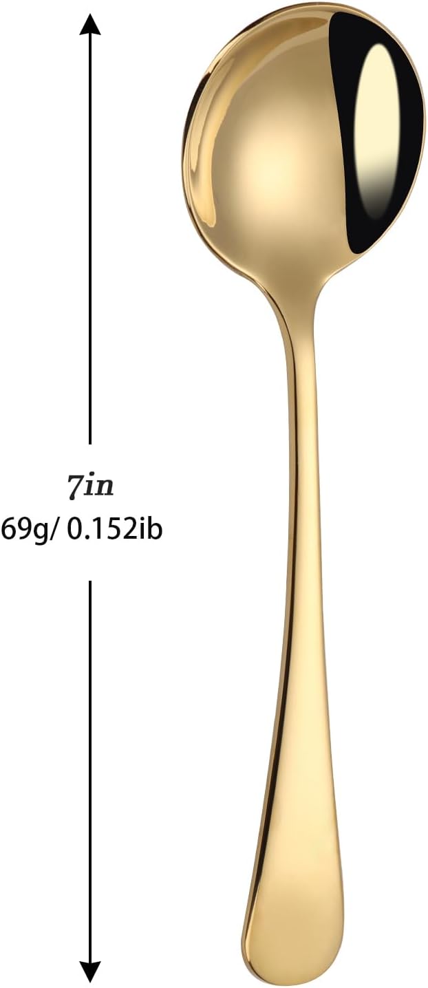 7" Round Soup Spoons Set of 4 18/10 Stainless Steel Heavy Duty with Deep Bowl Fine Mirror Polished Dishwasher Safe(Gold)