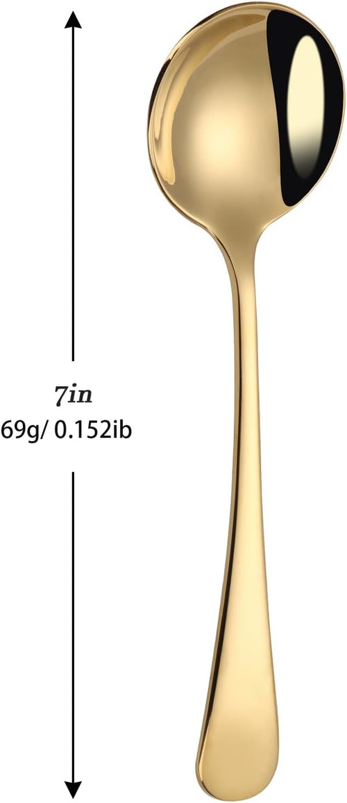 7" Round Soup Spoons Set of 4 18/10 Stainless Steel Heavy Duty with Deep Bowl Fine Mirror Polished Dishwasher Safe(Gold)