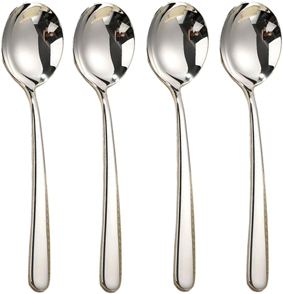 Large Round Soup Spoons Set Set of 4 Premium 18/10 Stainless Steel Spoons with Long Handles 7.8 Inch Elegance Tablespoon Dishwasher Safe Fine Mirror Polished (Silver)