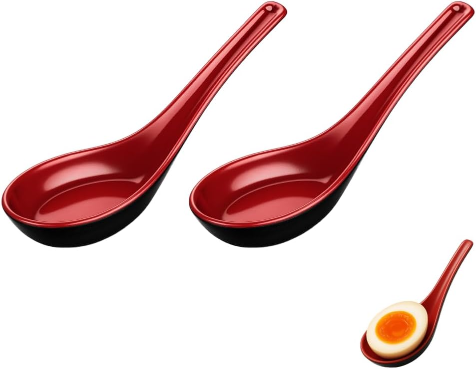 JapanBargain 2384 Melamine Soup Spoons  Set of 2  Red/Black Japanese Ramen Pho Wonton Style Utensils