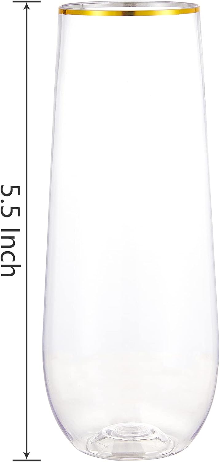 N9R 36PCS Plastic Champagne Flutes  9 Oz Stemless Disposable Gold Rim Toasting Glasses  Crystal Clear Cocktail Cups Drinkware Shatterproof Ideal for Party Wedding Birthday