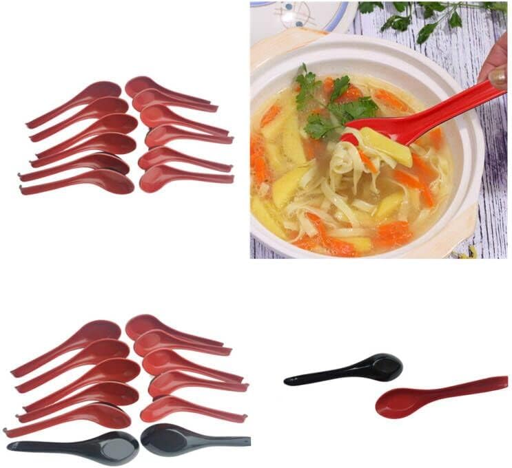 Plastic Large Soup Spoons with Long Handle  Red and Black Wonton Rice Spoons for Noodles Chinese Won Ton (12 Pack)