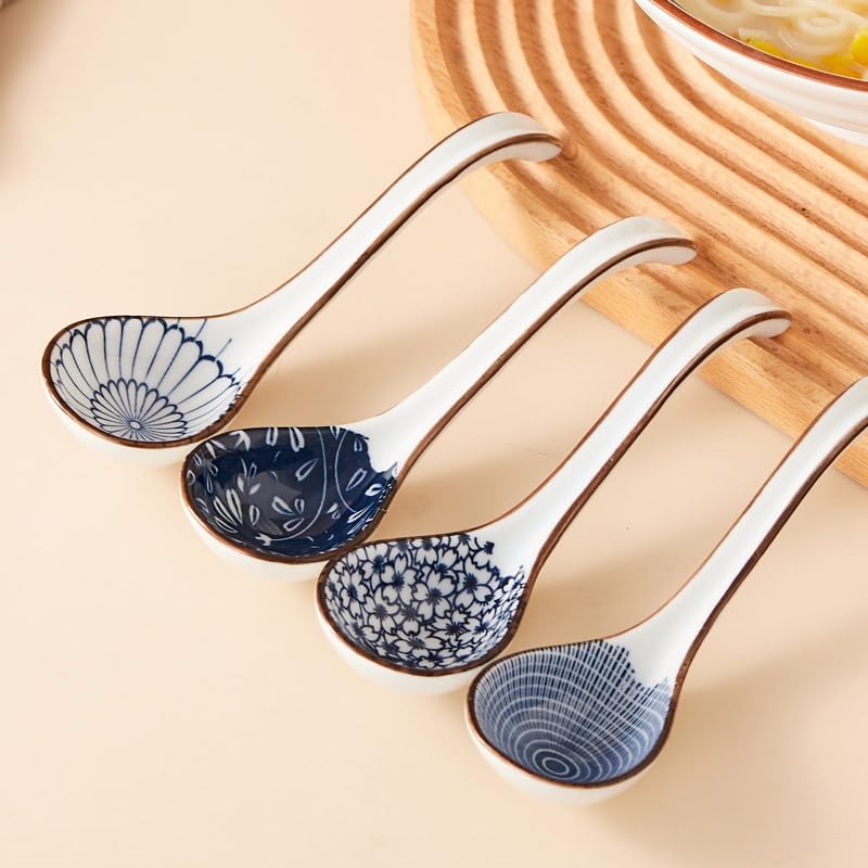 Asian Soup Spoon Ceramic Ramen Spoons Japanese Style for Pho  Miso soup  Dumpling  Noodles  Chinese Wonton Dishwasher safe - Set of 4 - Blue