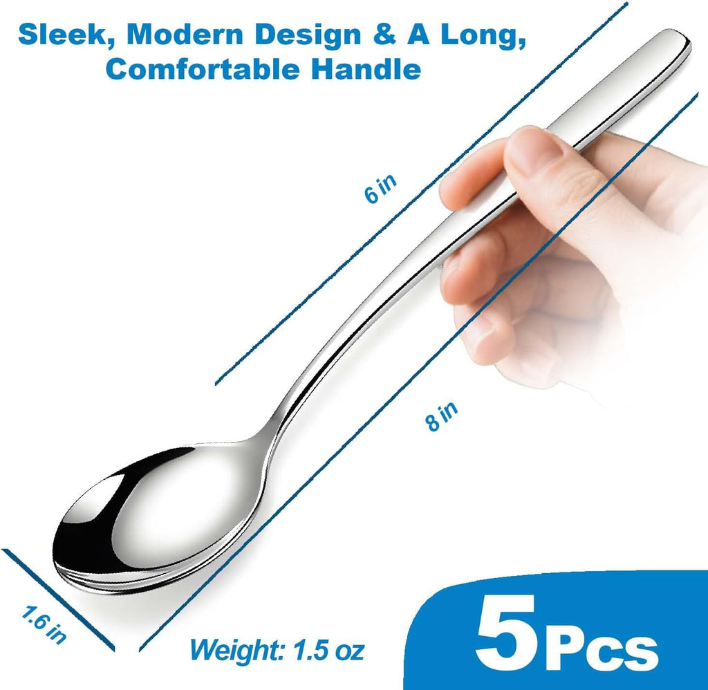 Set of 5 Premium Korean Soup Spoons  8 Inch 18/10 Stainless Steel Long Handle Rice and Asian Spoon for Home  Kitchen  Restaurant  Cafe  Dishwasher Safe