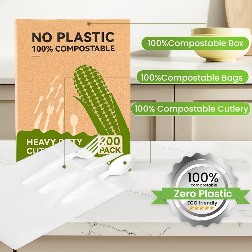 Heavy Duty Compostable Forks (300Pack)  Eco-Friendly Heavyweight No-Plastic Fork - 100% Disposable Forks Cornstarch Flatware for Lounge Party Wedding BBQ Picnic Camping (300Pack Forks Only)