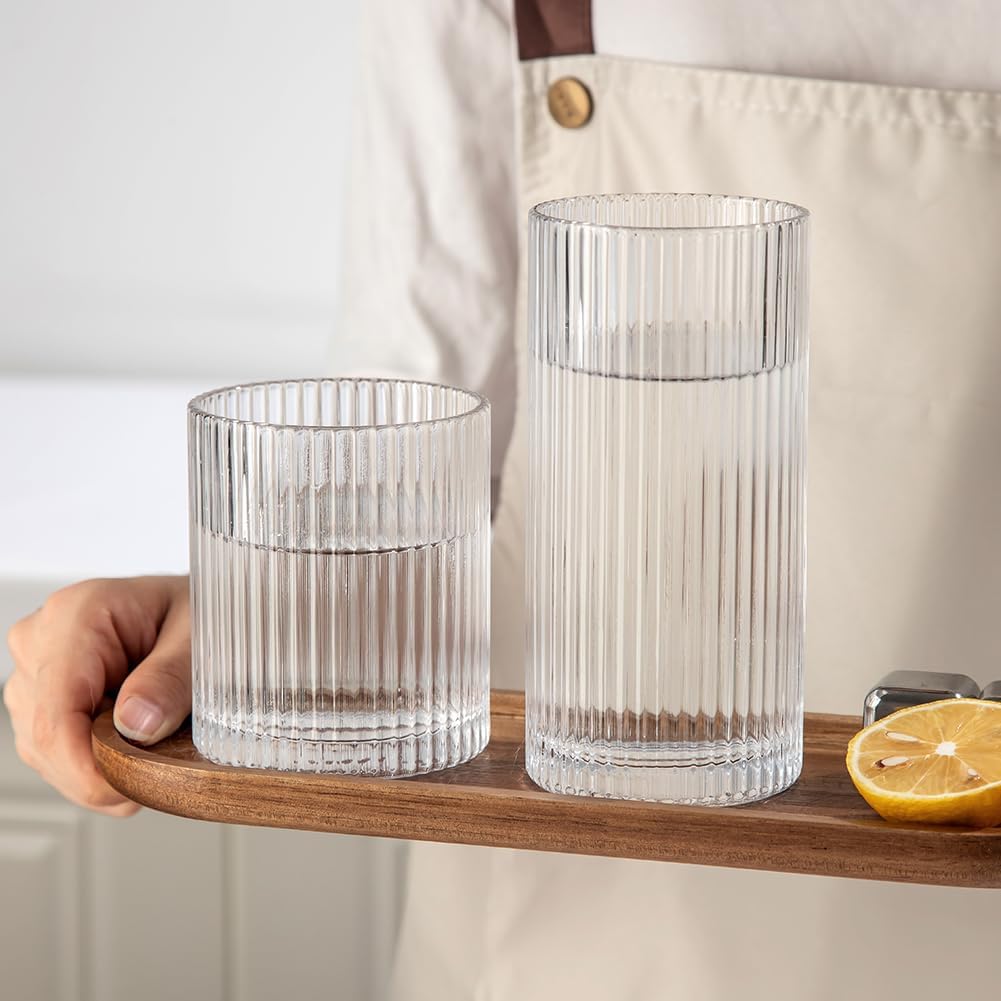 Ribbed Drinking Glasses 8pcs  12oz and 10oz Glassware  Tumbler Glasses Cup Set for Wedding  Party  Christmas Gift  Clear