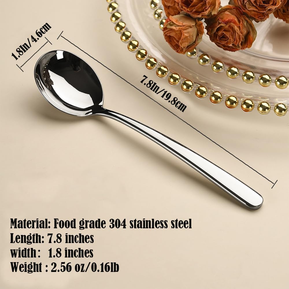 Large Round Soup Spoons Set Set of 4 Premium 18/10 Stainless Steel Spoons with Long Handles 7.8 Inch Elegance Tablespoon Dishwasher Safe Fine Mirror Polished (Silver)