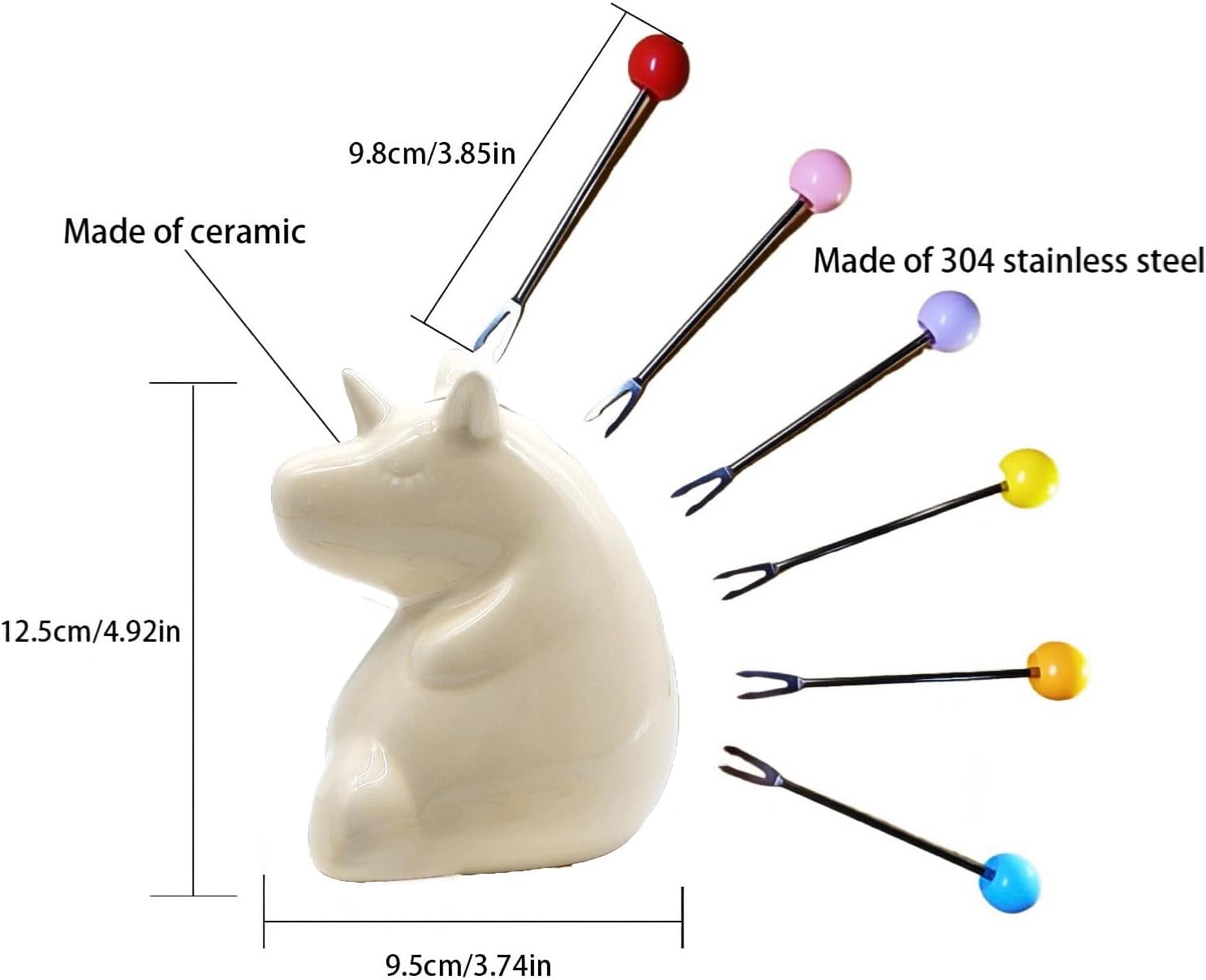 6 Stainless Fruit Fork with Holder Stainless Steel and Porcelain Pink Unicorn Holder Cute Cartoon Exterior Suitable for Fruit&Desserts&Salads 10 Centimeters/3.9 inches (White)