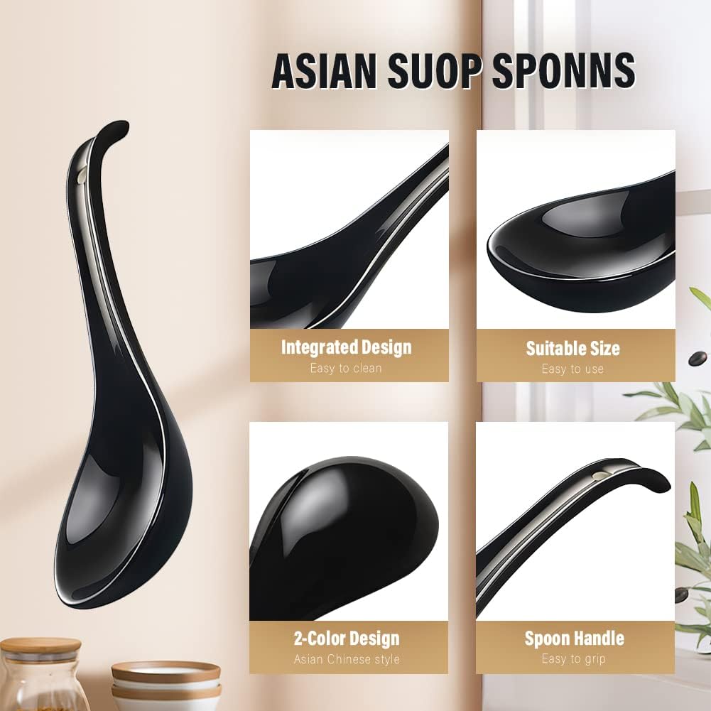 Asian Soup Spoons - YFWOOD 6.75 Inch Ceramic Ramen Spoon Black Chinese Soup Spoons With Deep Oval Hook Design Perfect for Pho Wonton Dumpling And Miso Soups Set Of 6