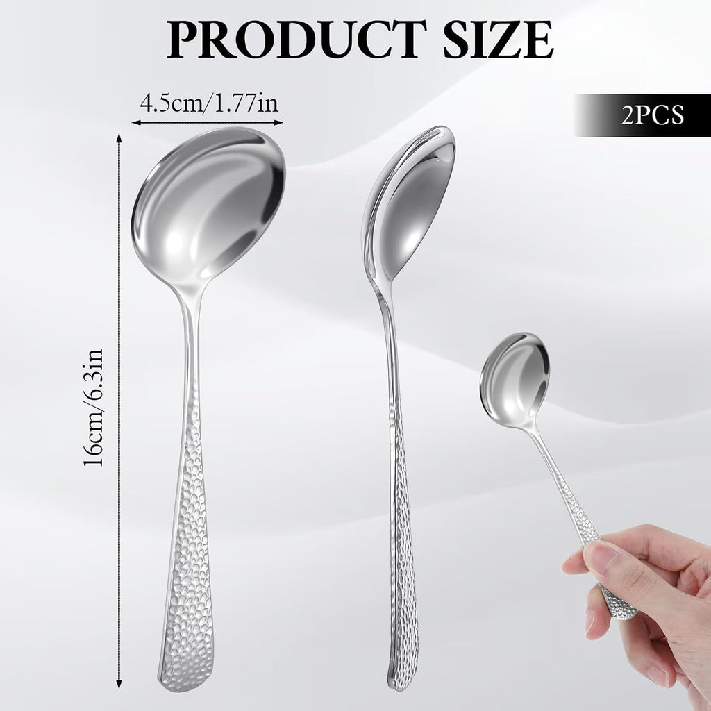 2 Pcs Stainless Steel Soup Spoons Hammered Serving Spoons Set Mirror-Polished Metal Spoon Ideal for Coffee  Tea  Beverages  Dishwasher Safe (6.3 Inch Soup Spoon)