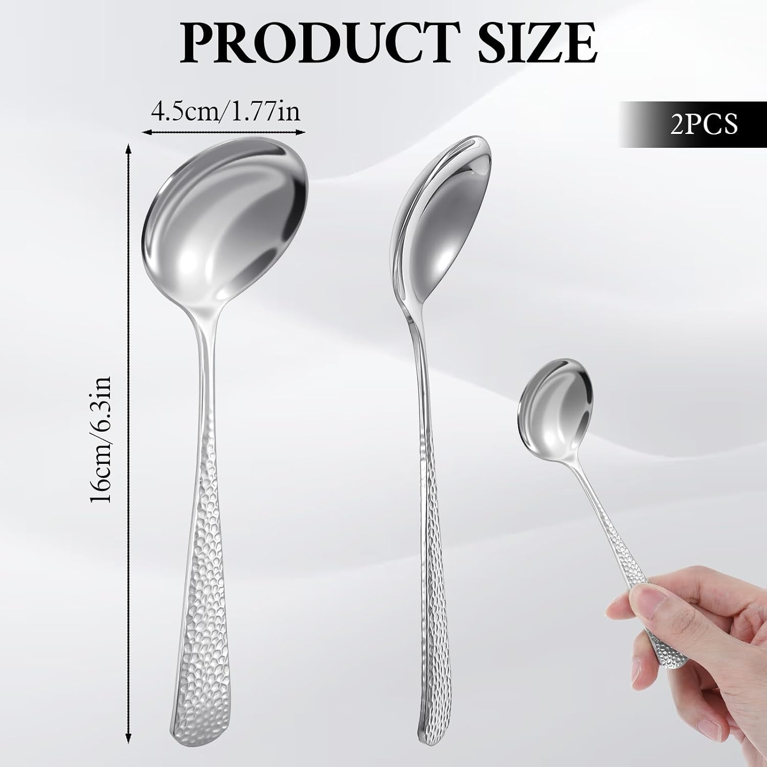 2 Pcs Stainless Steel Soup Spoons Hammered Serving Spoons Set Mirror-Polished Metal Spoon Ideal for Coffee  Tea  Beverages  Dishwasher Safe (6.3 Inch Soup Spoon)