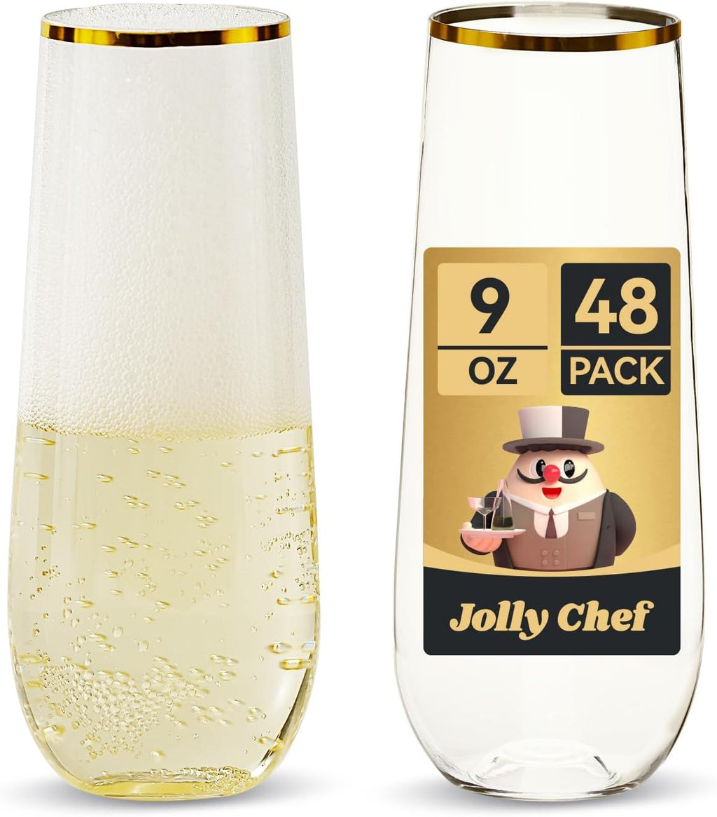 JOLLY CHEF 48 Pack Plastic Champagne Flutes  9 oz Gold Stemless Champagne Flutes  Plastic Champagne Glasses  Shatterproof Recyclable Mimosa Glasses for Party  Wedding  Christmas  Birthday