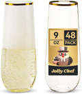 JOLLY CHEF 48 Pack Plastic Champagne Flutes  9 oz Gold Stemless Champagne Flutes  Plastic Champagne Glasses  Shatterproof Recyclable Mimosa Glasses for Party  Wedding  Christmas  Birthday