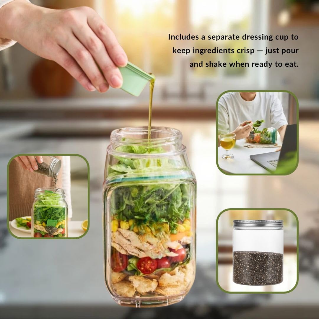 6-in-1 Salad Lunch Kit with Side-Opening Jar – Leakproof BPA-Free Container with Dressing Cup  Reusable Fork & Spoon for Healthy Lunches On-the-Go