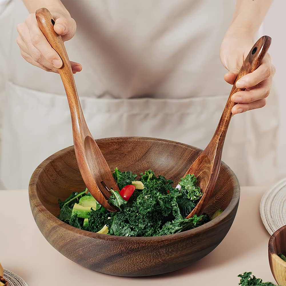 AOOSY Acacia Wood Salad Tongs 10.2 Inch Serving Utensils Set Salad Fork and Salad Spoon for Serving Long Handle Salad Server Set Kitchen Cooking Utensil