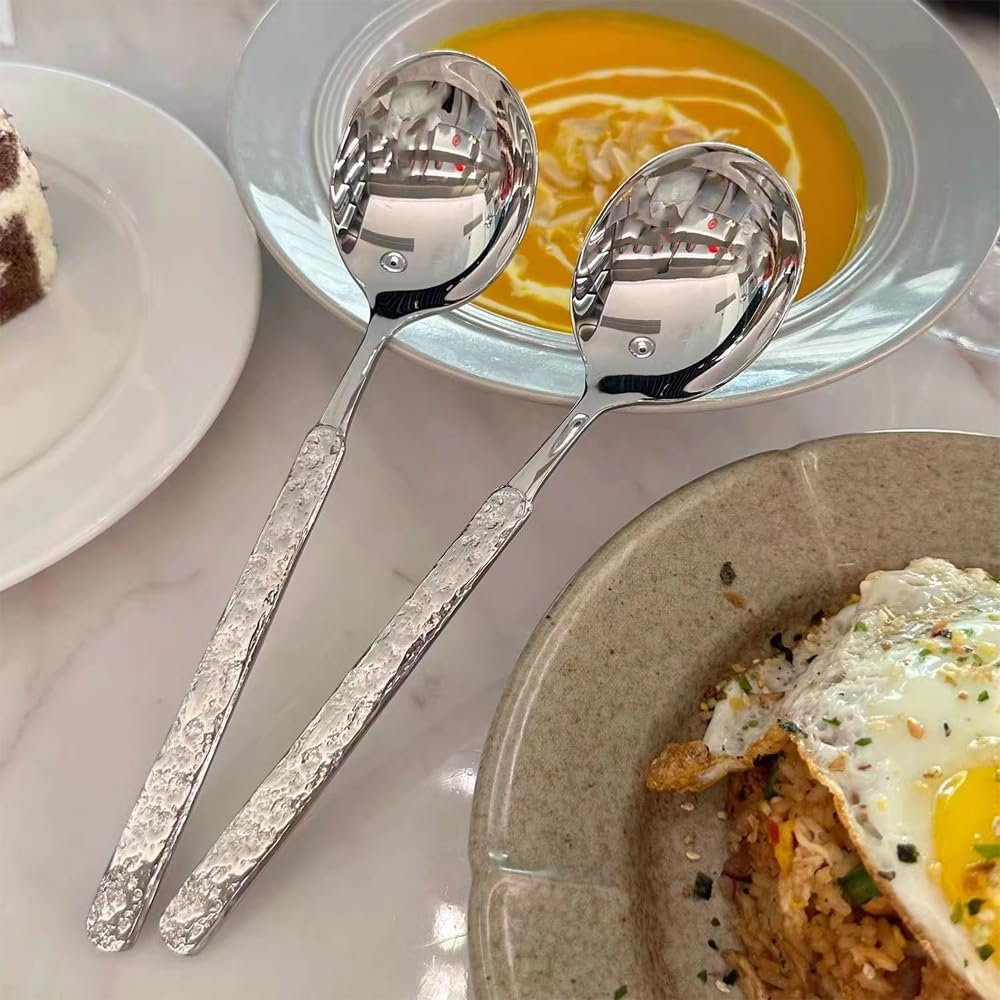 304 Stainless Steel Soup Spoons  7.7 in Large Round Bouillon Spoons  Thick Tablespoon  Dishwasher Safe  2-Piece