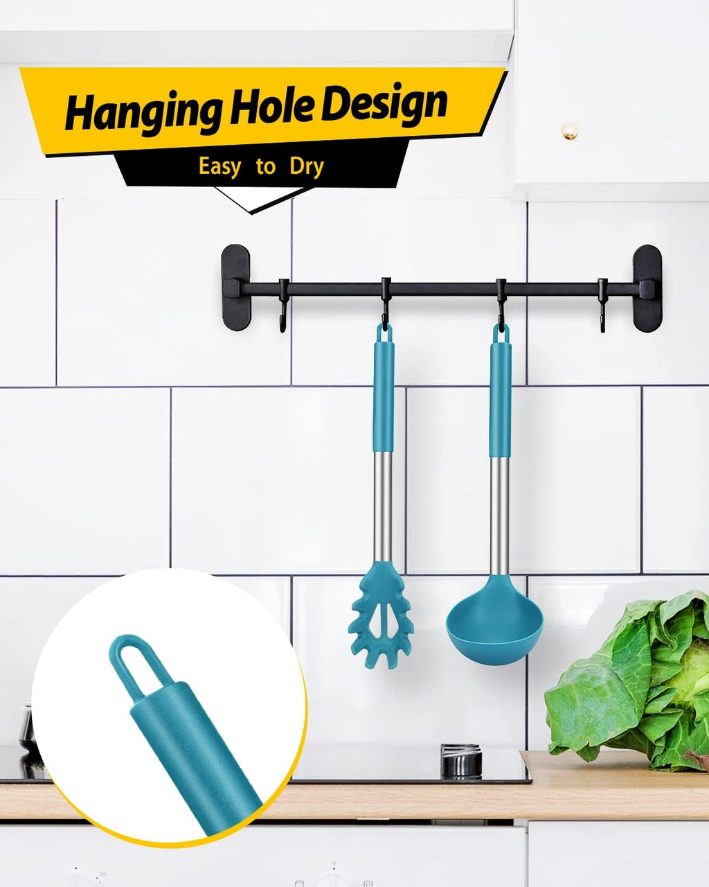 Silicone Pasta Fork and Ladle Spoon Set  Large Non Stick Kitchen Utensils for Cooking Stirring Serving Spaghetti  Soup  Sauce (BLUE)