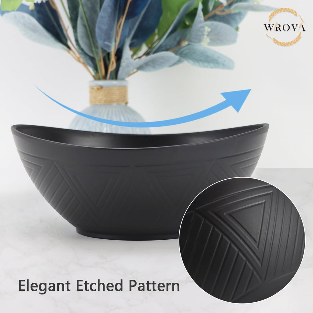 Wrova 65oz Big Wheat Straw Bowls - Large Salad Bowls set of 6 - Unbreakable Serving Bowls - Microwave & Dishwasher Safe - Oval Bowls for Cereal Salad Fruit - Pure Black