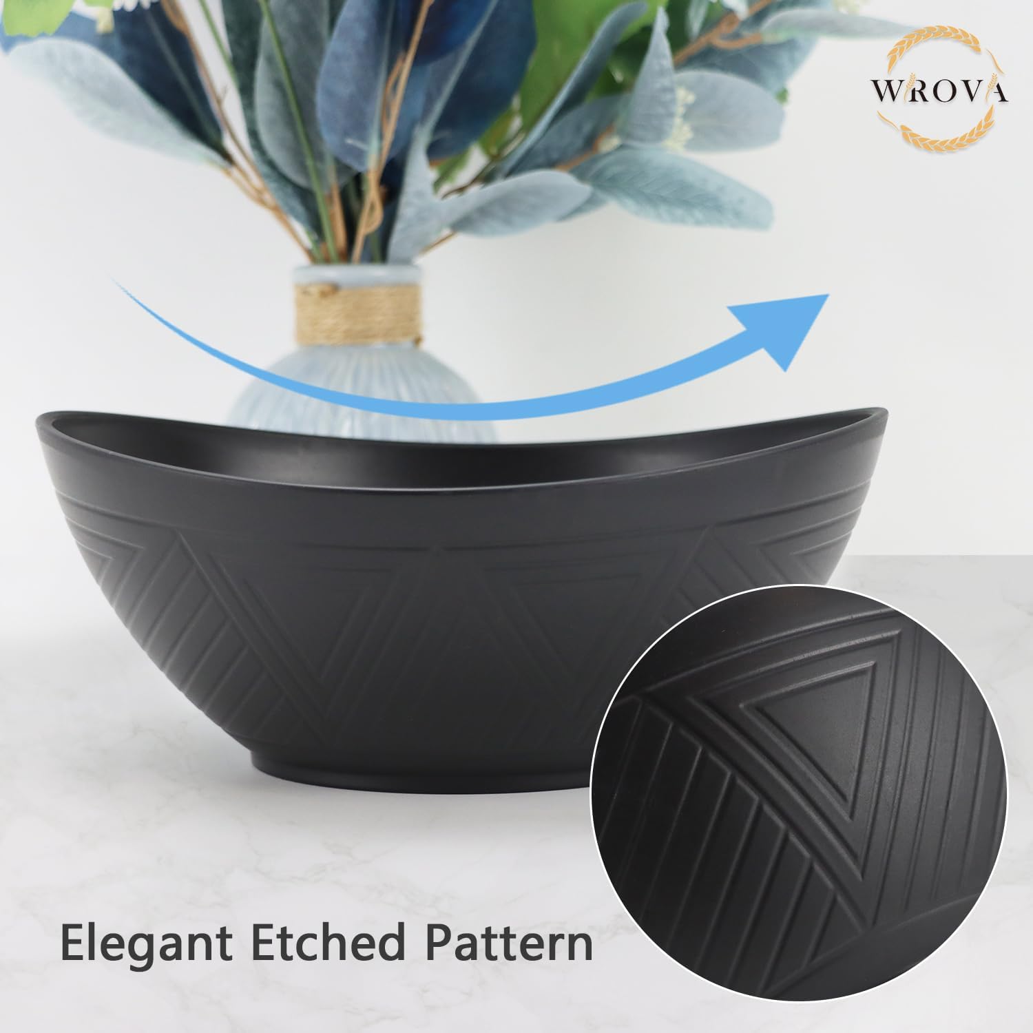 Wrova 65oz Big Wheat Straw Bowls - Large Salad Bowls set of 6 - Unbreakable Serving Bowls - Microwave & Dishwasher Safe - Oval Bowls for Cereal Salad Fruit - Pure Black