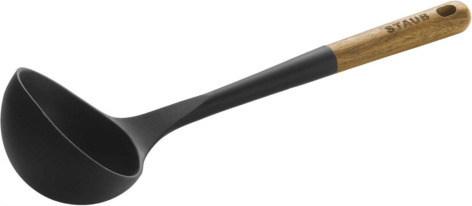 STAUB Soup Ladle  Perfect for Serving Hot Soup  Portion Batter for Pancakes  and Sauce Pasta  Durable BPA-Free Matte Black Silicone  Acacia Wood Handles  Safe for Nonstick Cooking Surfaces