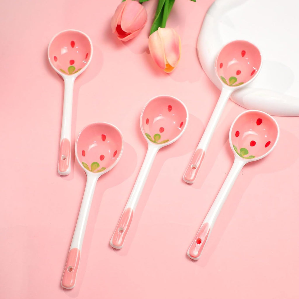 5 Pcs Ceramic Soup Spoons Cute Strawberry Spoons Long Handle Porcelain Tablespoons Reusable Dinnerware for Ice-cream Desserts Cereal Soup Yogurt (5)
