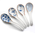 IQCWOOD Ceramic Asian Soup Spoons  Blue and White Japanese Spoon for Soup Rice Ramen Pho Wonton Dumpling Miso  Deep Oval Hook Design  Gifts for Friends Parents Family