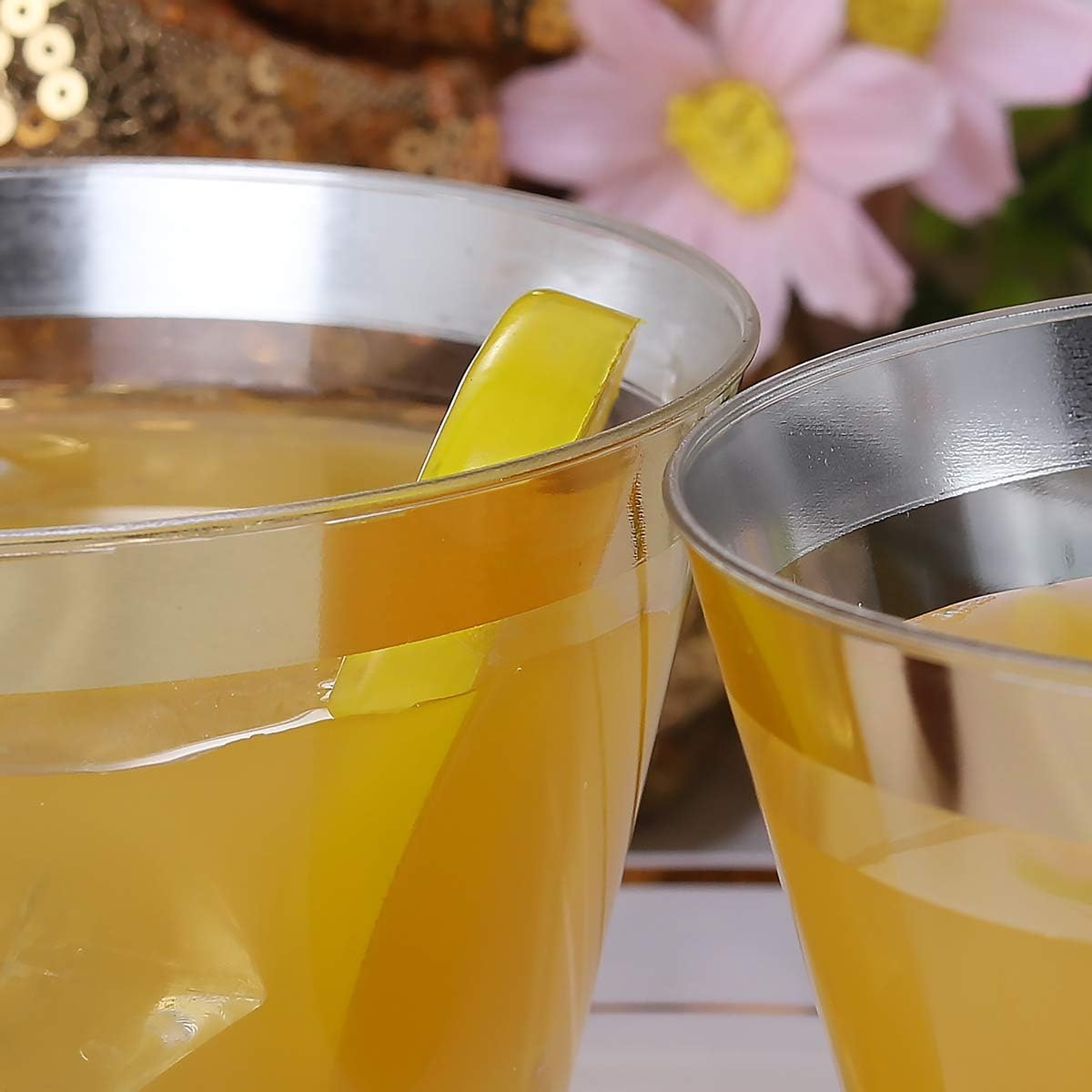 I00000 200 Pack Gold Plastic Cups  9 Oz Elegant Clear Plastic Cups Gold Rimmed Disposable Wine Glasses Fancy Disposable Party Cup Wedding Cup Drinking Tumblers Cocktail Glasses Perfect for Party