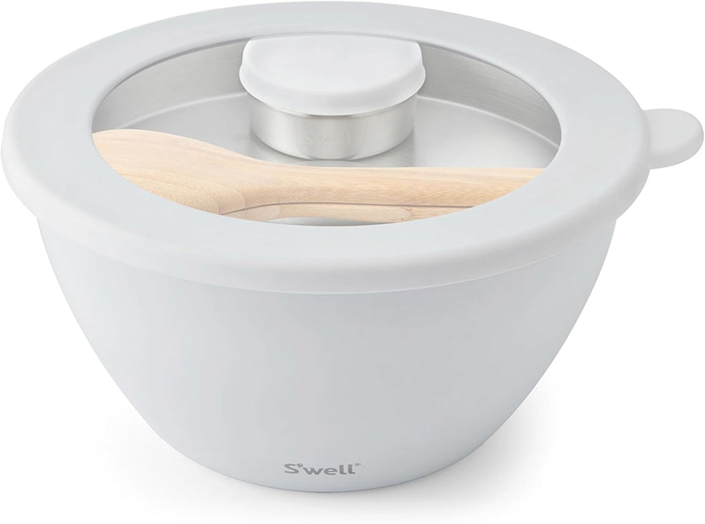 S'well Stainless Steel Salad Bowl Kit XL 184oz  Angel Food  Includes 5oz Canister For Dressing  Serving Utensils  and Removable Tray  Leakproof  Easy to Clean  Dishwasher and Refrigerator Safe