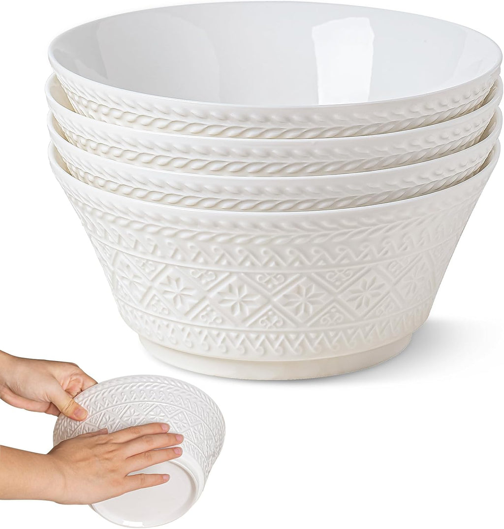 Yeacccng Deep Soup Bowls Set of 4  58oz Large Cereal Bowls  Large Soup Bowl for Kitchen  8.2 Inch Embossment Decorative Bowls  Dishwasher & Microwave Safe  Scratch-Resistant  Lead-Free  Easy Clean